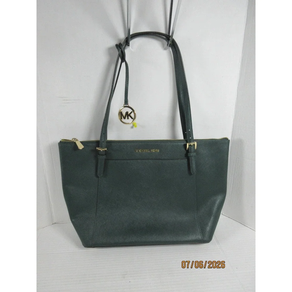Michael Kors Jet Set Travel Saffiano Leather Tote Bag Green Gold Hardware